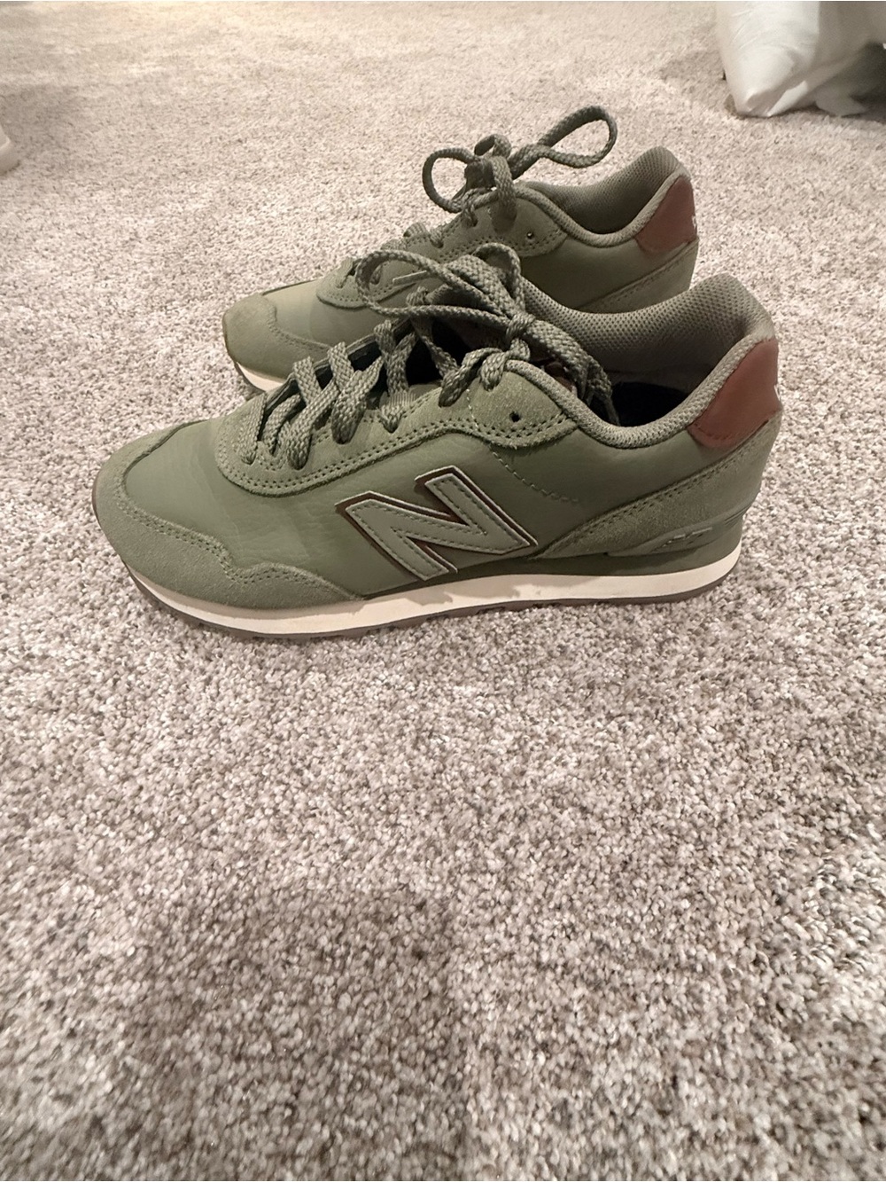 New Balance Olive Green Sneakers with Brown Heel Accent